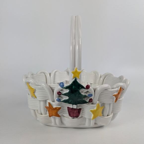 Vietri Other - Handmade Italian Fused Glass Christmas Basket Veitri White Centerpiece Holiday